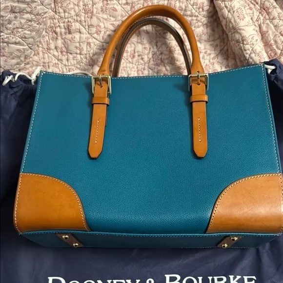 Dooney & Bourke Teal and Tan Leather Tote Bag - Picture 2 of 12